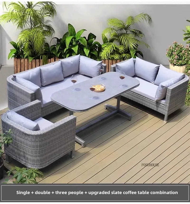 European Outdoor Garden Sofas Leisure PE Rattan Garden Terrace Sofa Chair Set Courtyard Balcony Double Sofa Outdoor Furniture AA