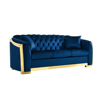 Velvet Luxury Chesterfield Sofa Set 84 Inches Tufted 3 Seat Couch with Gold Stainless for Living Room Navy Blue Fabric