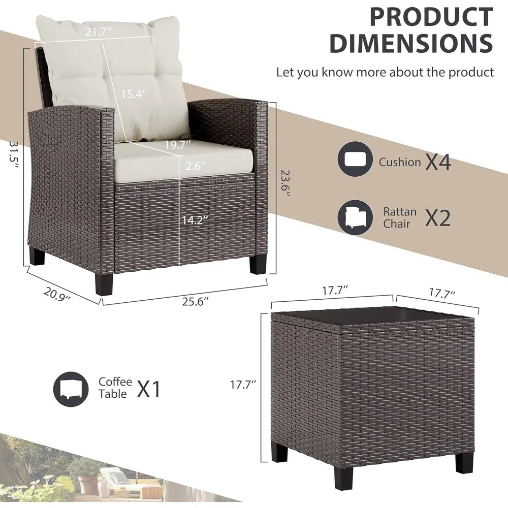 Small Outdoor Wicker Bistro Set with Cushioned Chairs - Patio Furniture for Front Porch Conversation Area