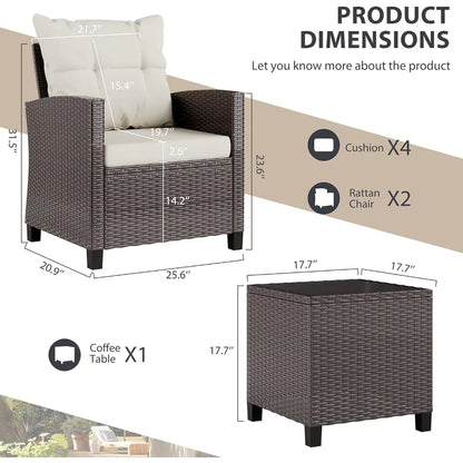 Small Outdoor Wicker Bistro Set with Cushioned Chairs - Patio Furniture for Front Porch Conversation Area