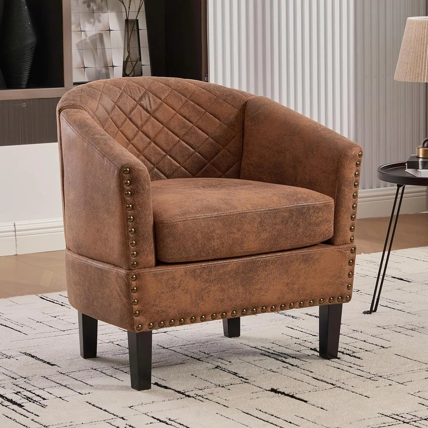 Accent PU Barrel Chair Set of 2 Living Room Chair, Upholstered Sofa Club Chair Set with Nail-Heads and Solid Wood Legs