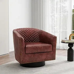 Accent Chair, Upholstered Faux Leather Barrel Chair with Nailed Trim, Comfy Club Armchair for Reading Living Room Bedroom Waitin
