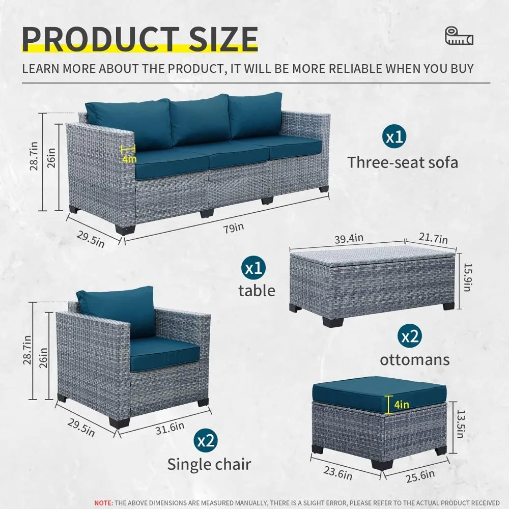 Outdoor Conversation Set PE Rattan Sectional Sofa Couch with Storage Table and Peacock Blue
