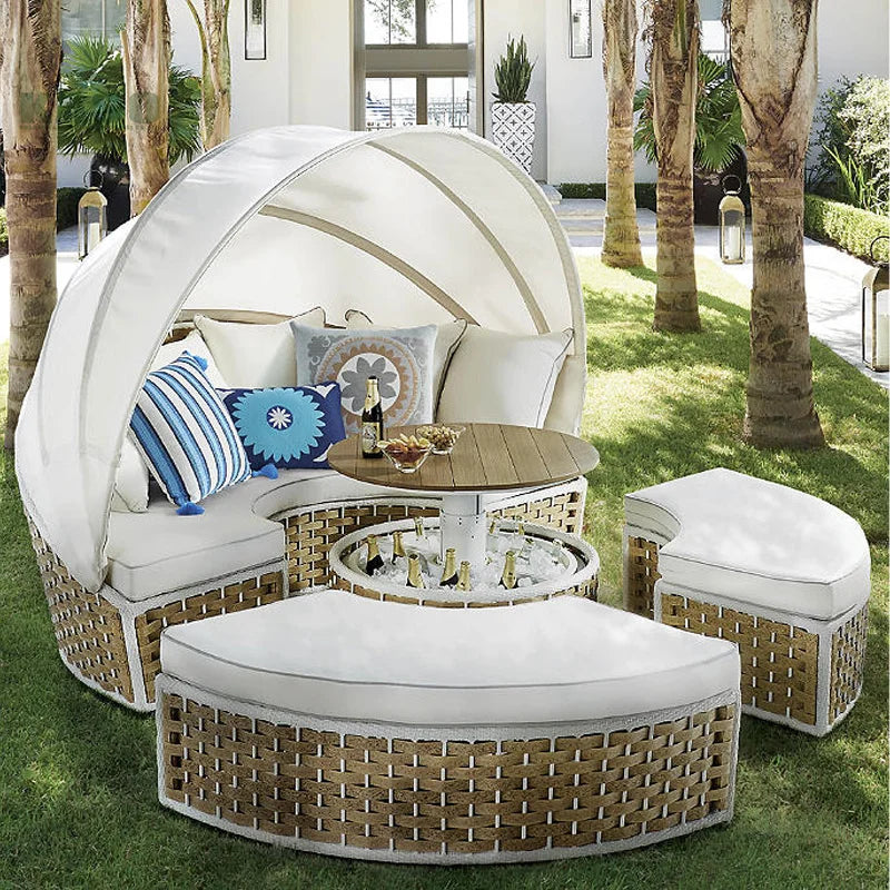 -Modern Day Bed Patio Furniture Hotel Deluxe Teak Rope Garden Sun Lounge Chair Round Aluminum Rattan Wicker Outdoor Day Bed