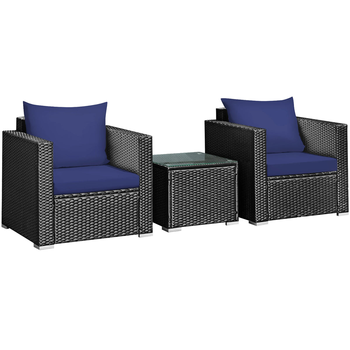 3PCS Patio Rattan Wicker Furniture Set Sofa Table W/Cushion Yard Navy