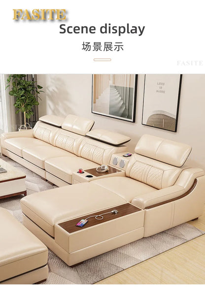 Nordic light luxury leather sofa size apartment living room simple corner princess L-shaped combination sofa
