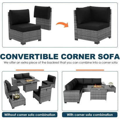 QAZ8-7 Piece Patio Furniture Set Fire Pit Table. Outdoor Conversation Sets Wicker Rattan Sectional Sofa with Coffee TSZ