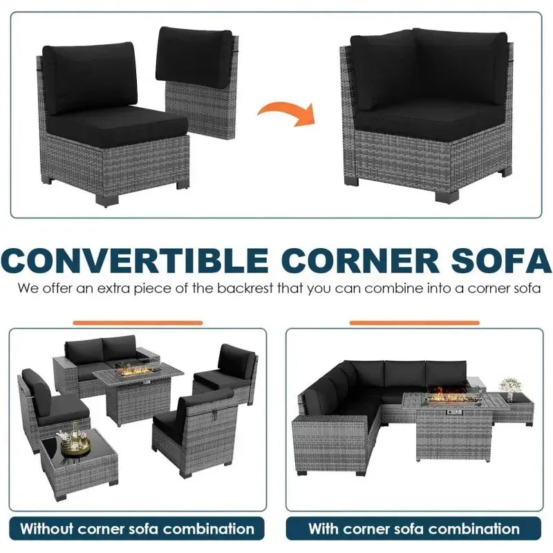 QAZ8-7 Piece Patio Furniture Set Fire Pit Table. Outdoor Conversation Sets Wicker Rattan Sectional Sofa with Coffee TSZ