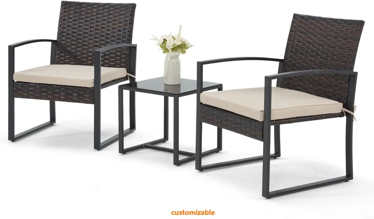 3 Pieces Patio Furniture Set, Outdoor Rattan Bistro Set with Coffee Table, Durable Steel Frame with Strapped Cushions