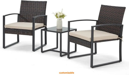 3 Pieces Patio Furniture Set, Outdoor Rattan Bistro Set with Coffee Table, Durable Steel Frame with Strapped Cushions