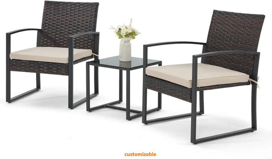 3 Pieces Patio Furniture Set, Outdoor Rattan Bistro Set with Coffee Table, Durable Steel Frame with Strapped Cushions