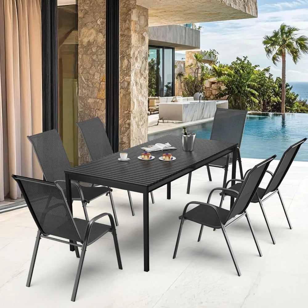 patio chairs set of 8 – stackable outdoor dining chairs with comfortable sling high back chairs and armrests for lawn, poolside
