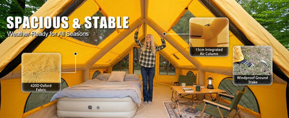129 Sq Ft Inflatable Camping Tent Easy Setup Waterproof Oxford Air Tent House with Pump 4 Season Family Glamping Tent