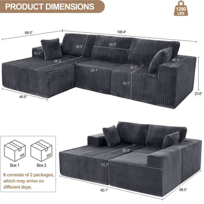 Grey L-Shaped Modular Sofa - Cloud Sectional with Chaise, Deep Upholstered Seat & Pillow