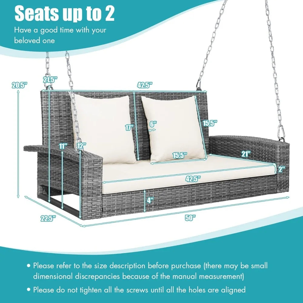 2-Person Outdoor Swing Bench with Cushions, Rustproof Metal Frame, Comfortable PE Rattan Seat and Backrest for Porch Relaxation
