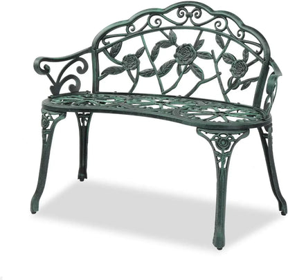 For 38.5" Patio Park Garden Outdoor Metal Rose Bench,Cast Iron Cast Aluminium Frame Antique Finish Chair Deck Furniture