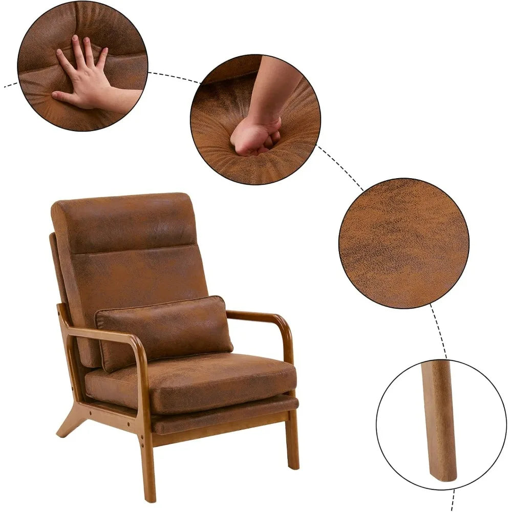 Mid-Century Modern Chair with Pillow High Back Bronzing Cloth Upholstered Lounge Arm Chair with Solid Wood Frame & Soft Cushion