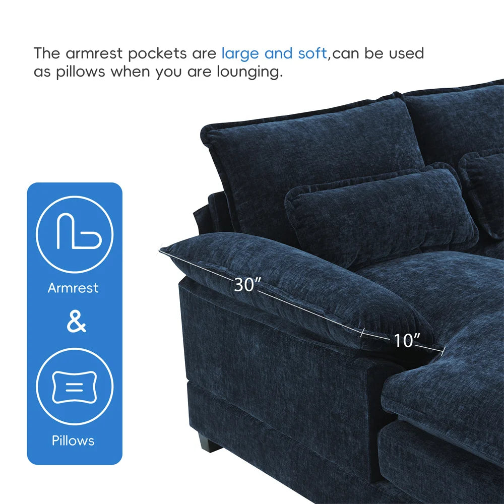 Couch U-shaped Sectional Sofa Japanese Dark Blue Sleeper Sofa  with Waist Pillows Double Chaise Lounge for Living Room Apartment