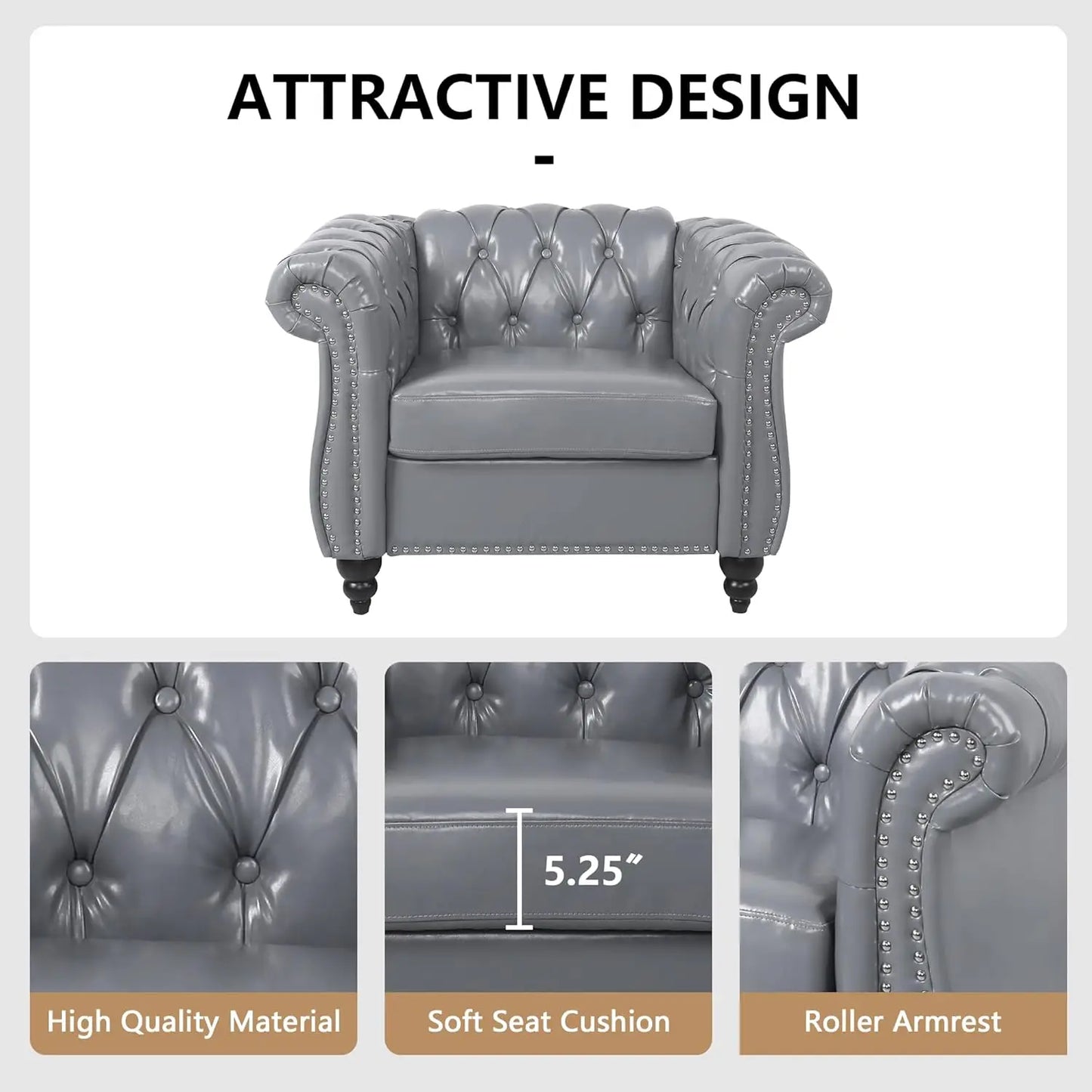 Sofa Chair for Living Room Modern PU Leather Upholstered Armchair Oversized Comfy Single Sofa Chair with Cushion Mid Century Tuf