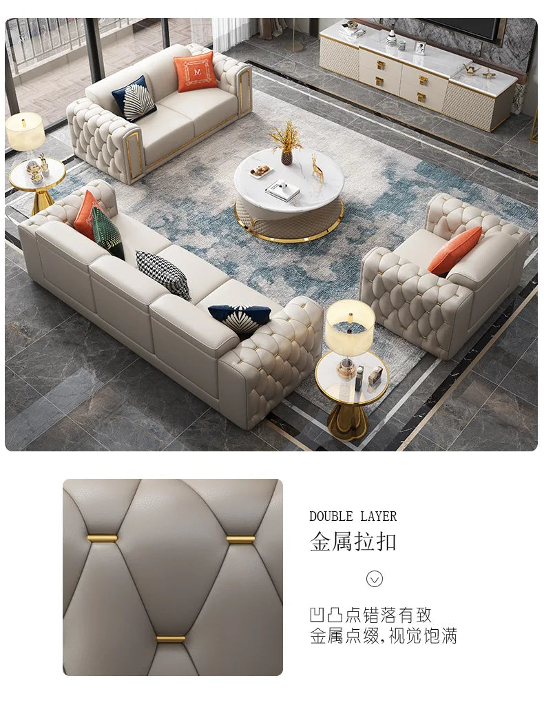 Cross-border Light Luxury Sofa Simple Modern Leather Sofa Italian Minimalist Villa Living Room Buckle Leather Sofa Combination
