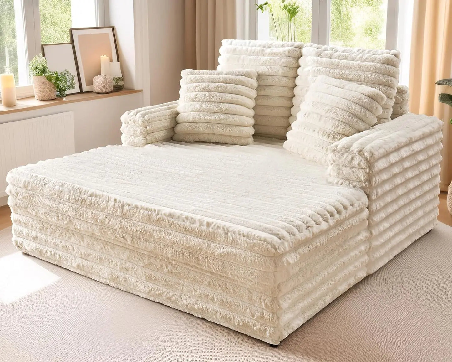 53 Inch Chaise Lounge Indoor, Upholstered Sofa Bed with Throw Pillows and Armrests, Sleeper Bed- Plush Lounge Chair for Living R