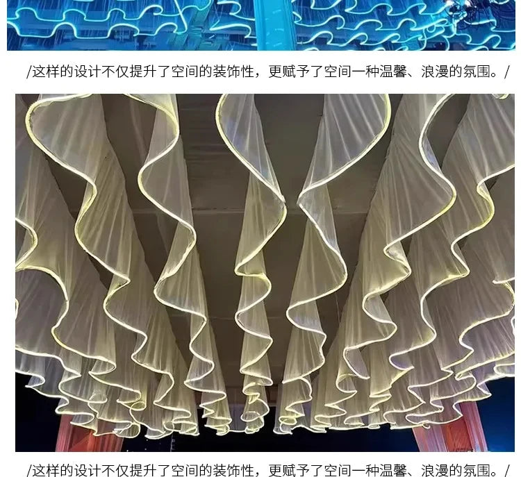 Glowing Curtain for Wedding Ceiling Decor, White Wave Tulle Fabric with Lights, Romantic Party Christmas Event Decoration