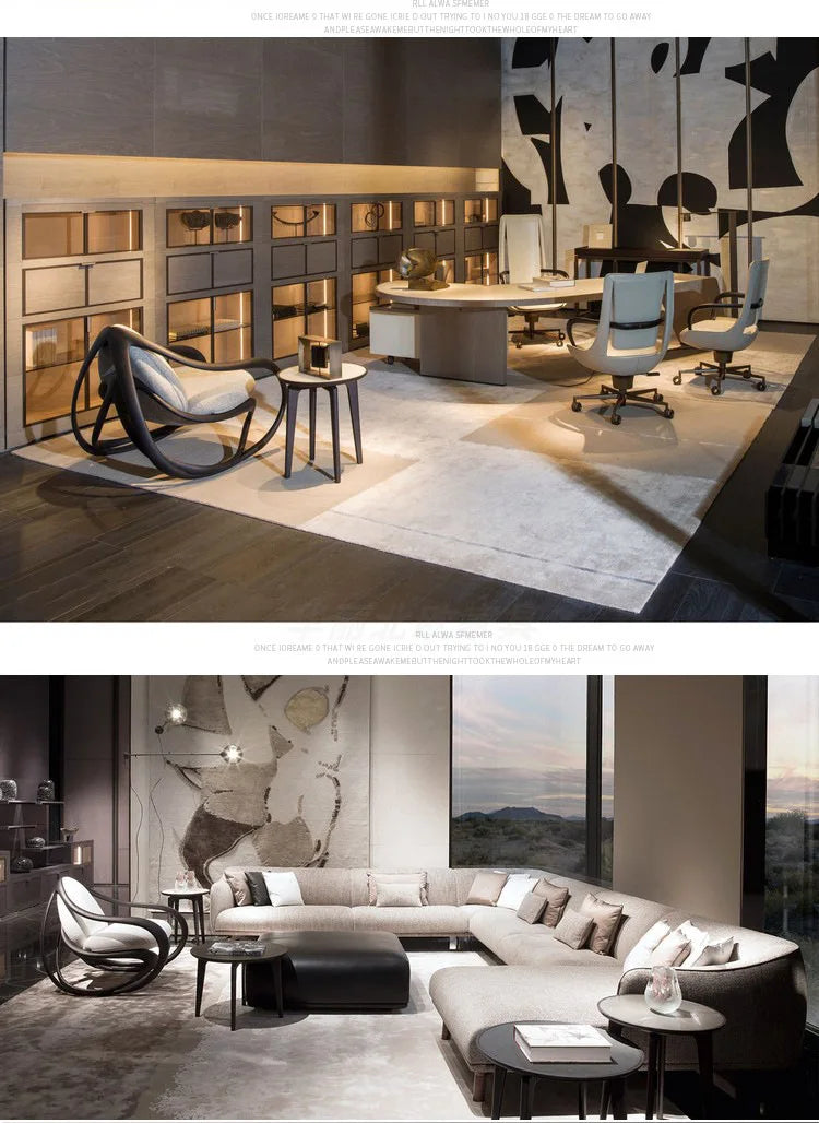 Rocking chair, solid wood balcony, living room, fiberglass casual leather sofa