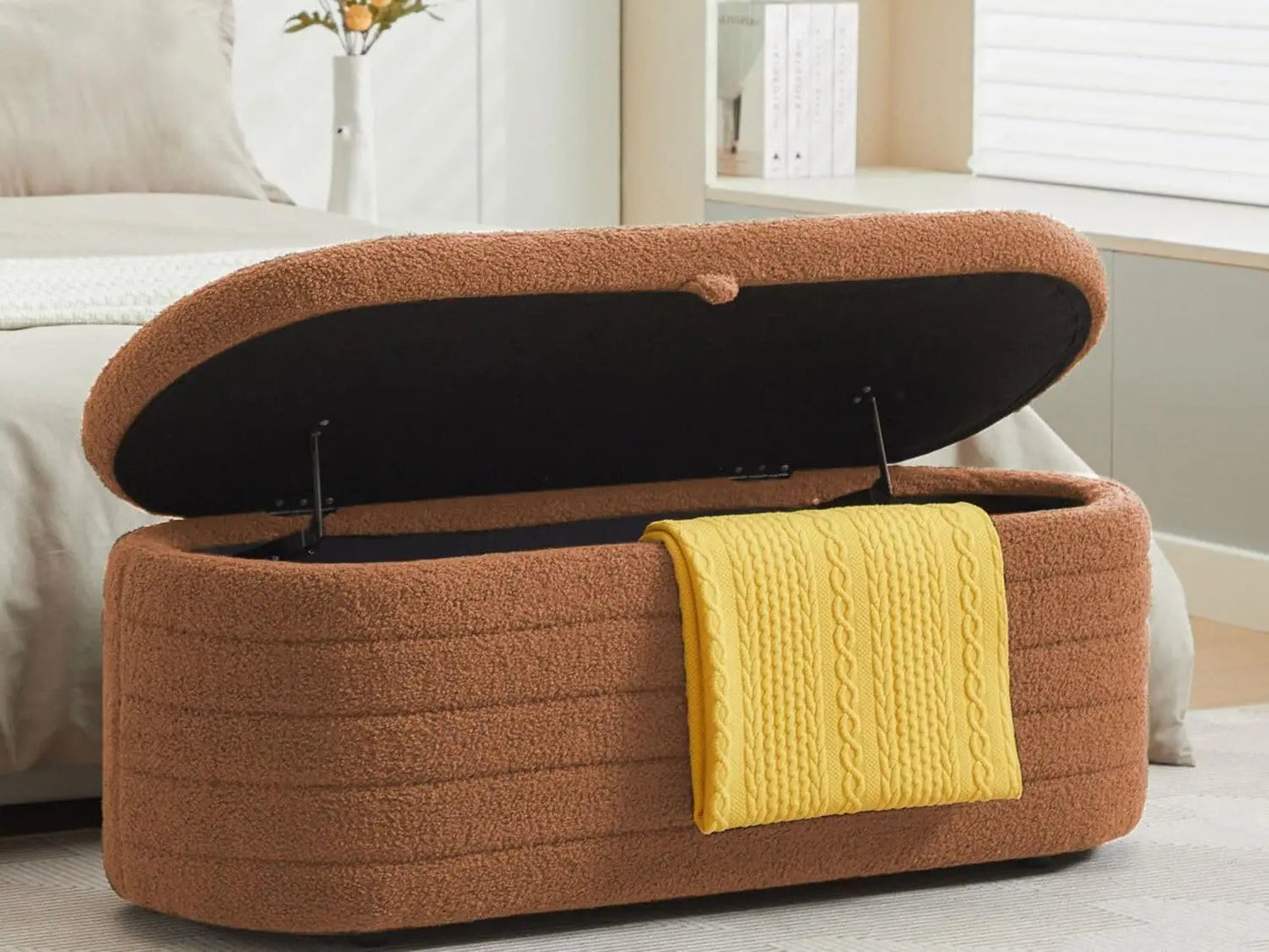 TODRANI 45" Storage Ottoman Bench, 300 Lb Capacity Teddy Upholstered, Safety Hinge, Flip-Top Oval Foot Rest With Foot Pads
