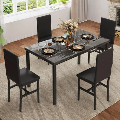 Modern Faux Marble Dining Table Set for 4 with 4 PU Leather Chairs, Black