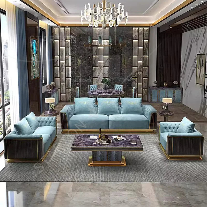 Luxury Modern Fabric 3 Seater French Couch Design Wooden Frame Moroccan Floor Black and Gold Sofa Living Room Sofa Set Furniture