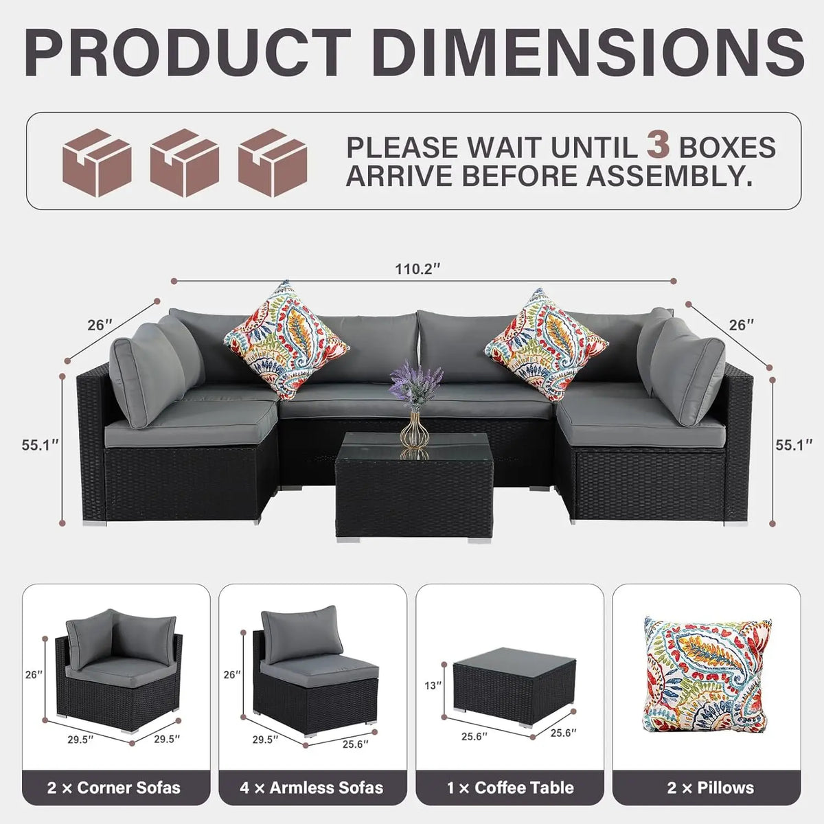 7-Piece Outdoor Patio Furniture Set, Outdoor Couch - Handwoven All-Weather Rattan & 4” Thick Waterproof Cushions,, Customized