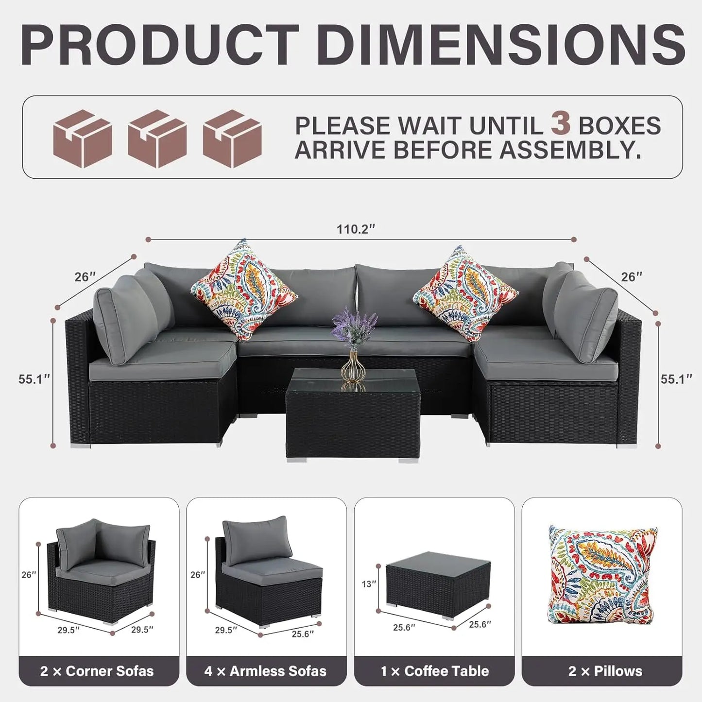 7-Piece Outdoor Patio Furniture Set, Outdoor Couch - Handwoven All-Weather Rattan & 4” Thick Waterproof Cushions,, Customized