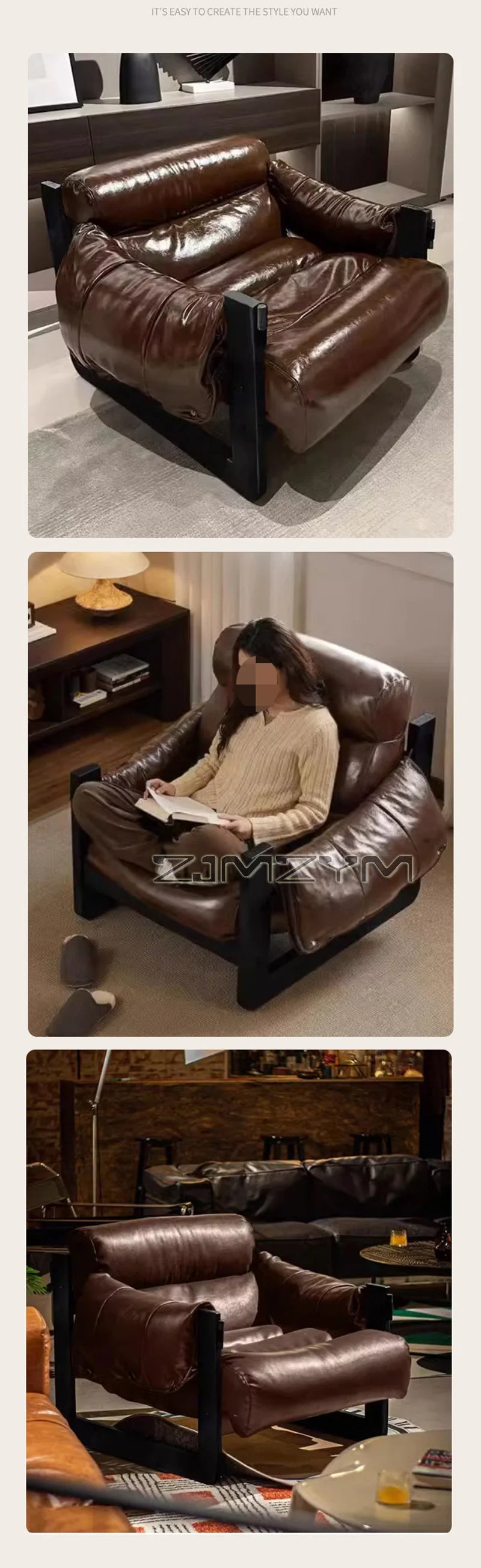 Oil Wax Leather Single Chair Casual Home Sofa Lounge Chairs, Retro Removable Washable Sofa All Solid Metal Base