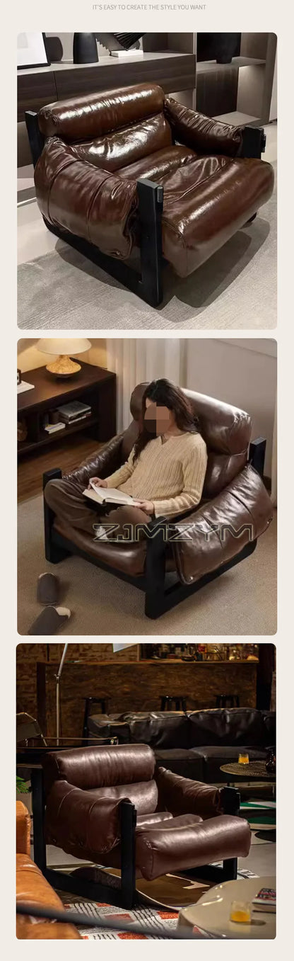 Oil Wax Leather Single Chair Casual Home Sofa Lounge Chairs, Retro Removable Washable Sofa All Solid Metal Base