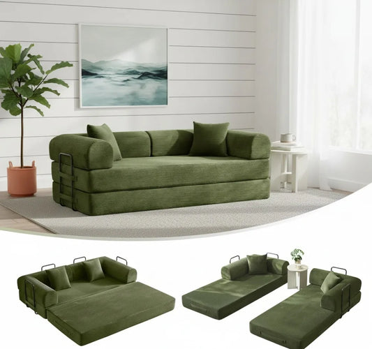 79" Convertible Sofa Bed with Removable Armrests, Modular Corduroy Sleeper for Small Spaces - Green (Includes Pillows)