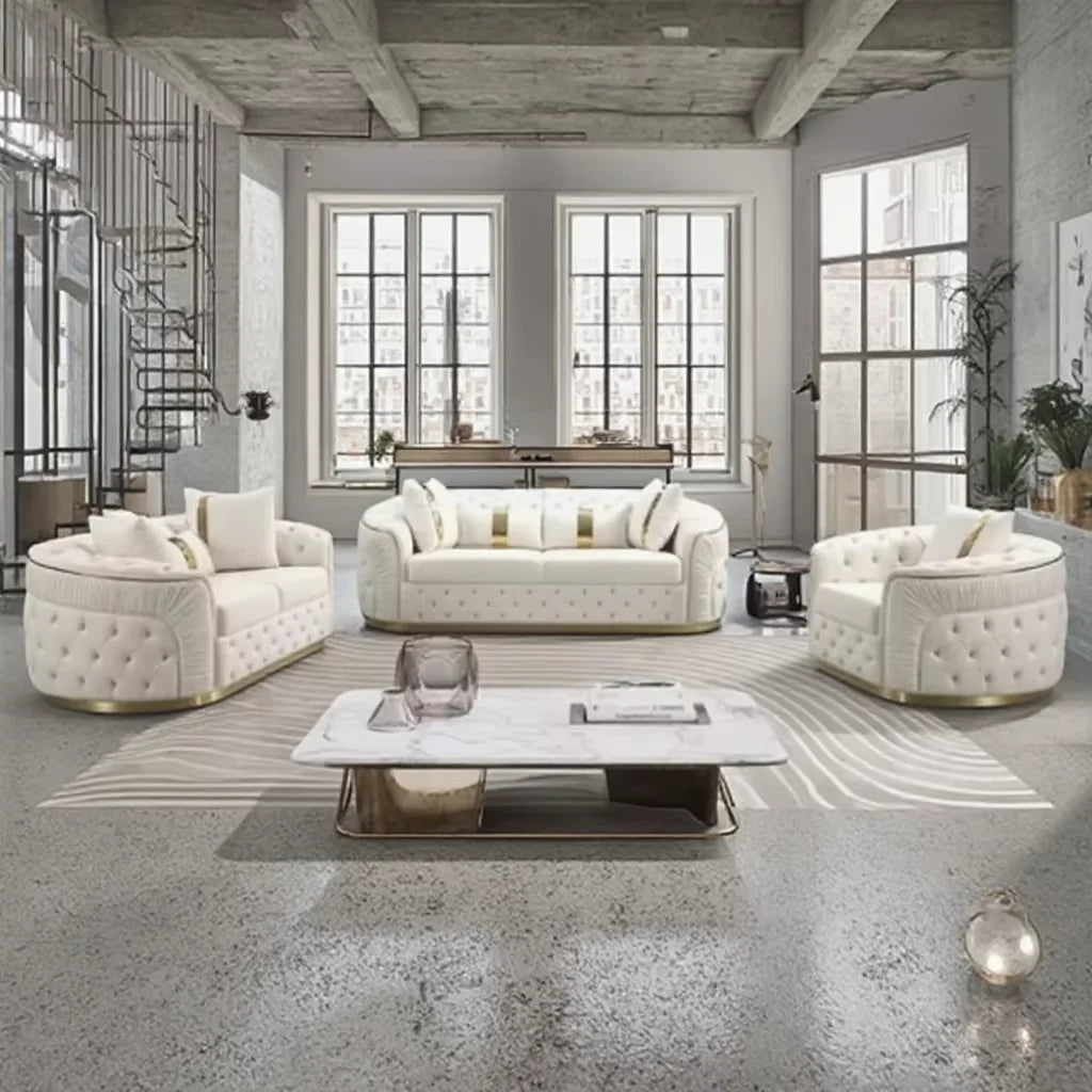 Custom Modular Living Room Tufted Sofa Set 3 2 1 Stainless Frame with Velvet and Fabric for Home Apartment or Hotel