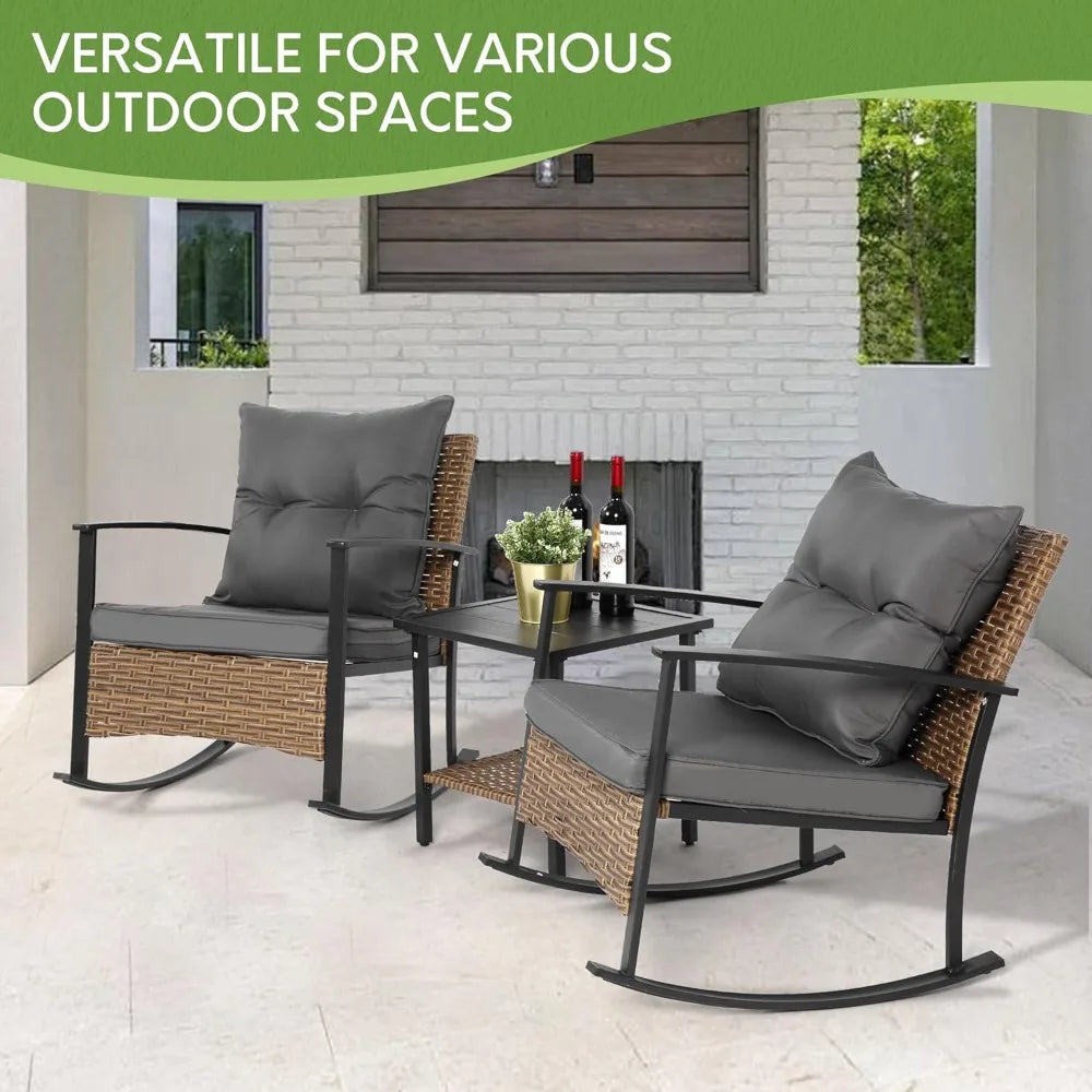 Wicker Rocking Chairs for Outdoors 3 Piece, Patio Rocking Chairs Set of 2, Patio Furniture Set, Small Outdoor Set for Porch, Poo