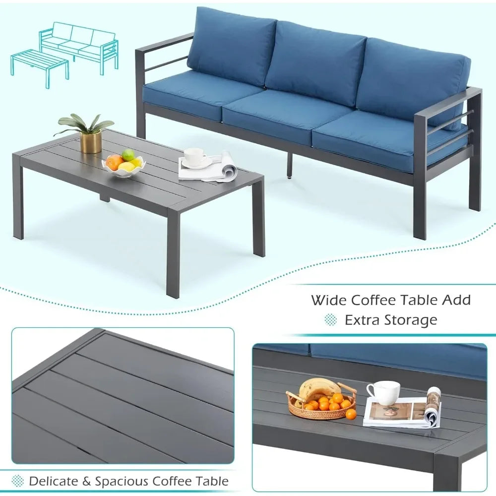 Aluminium modern patio furniture with coffee table, 7-piece outdoor conversation set, dark grey cushions, suitable for balcony