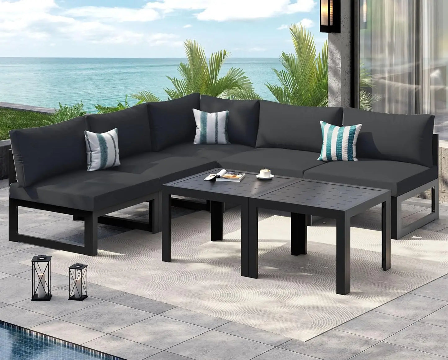 5 Person Luxury Aluminum Outdoor Sectional Sofa with Side Table, Large L Shaped Patio Furniture Set, 29" Deep Wide, Customized