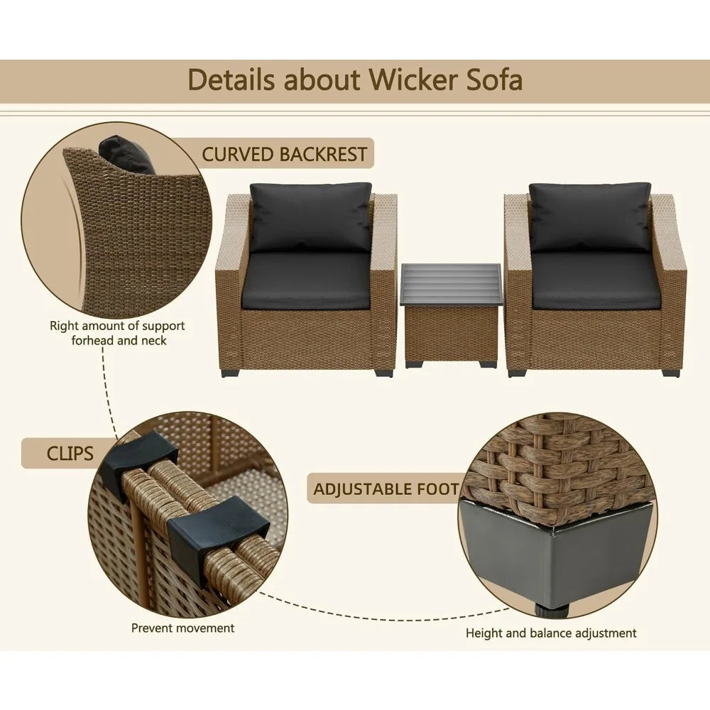 Patio Conversation Set Rattan Outdoor Sectional Furniture Sofa Set Wicker Couch with Coffee Table and Cushions for Poolside, Bac