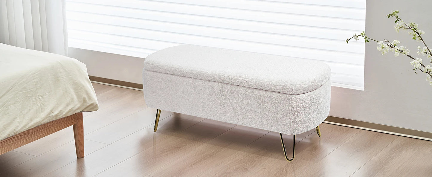 40" Boucle Sherpa Upholstered Ottoman Bench with Gold Legs - Storage for Bedroom End, Entryway, Living Room