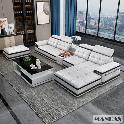 Linlamlim Luxury Genuine Leather Sectional Sofa with Adjustable Headrests, Projector, Speaker and Storage for Living Room Couch