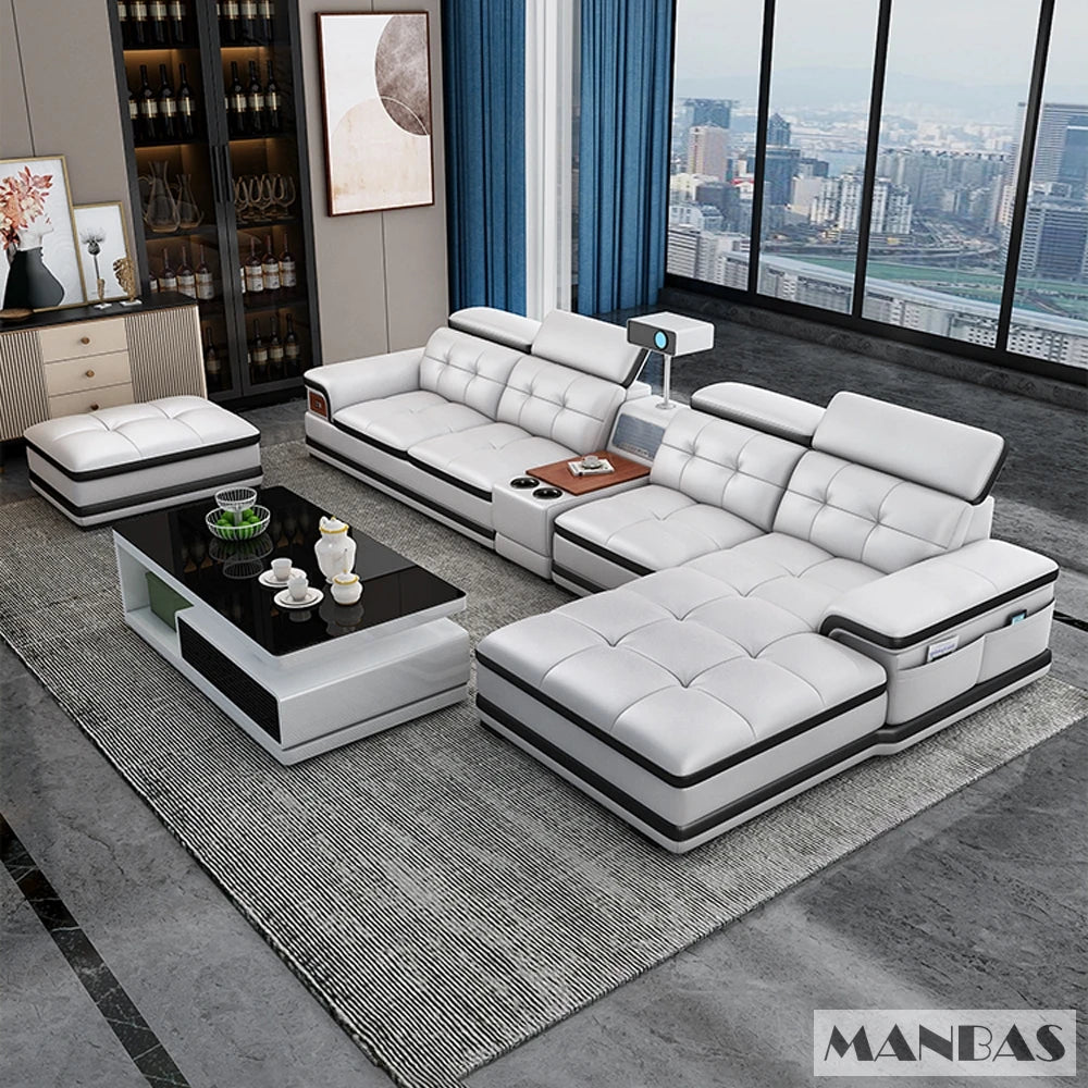 Linlamlim Luxury Genuine Leather Sectional Sofa with Adjustable Headrests, Projector, Speaker and Storage for Living Room Couch