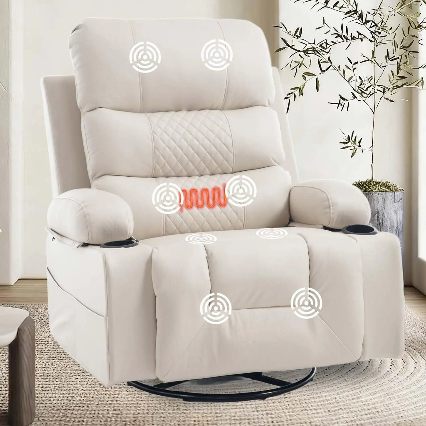 Rocker Recliner Chair with Heat and Massage, Oversized Manual Recliner Chair with Cup Holder, Faux Leather Swivel, Customized