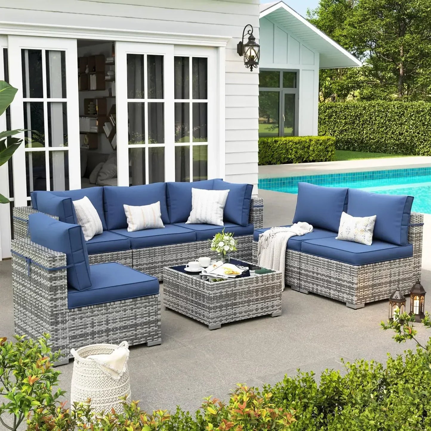 Patio Furniture Set,, All-Weather Wicker Patio Conversation Sets for Backyard (Grey with Navy Cushion)