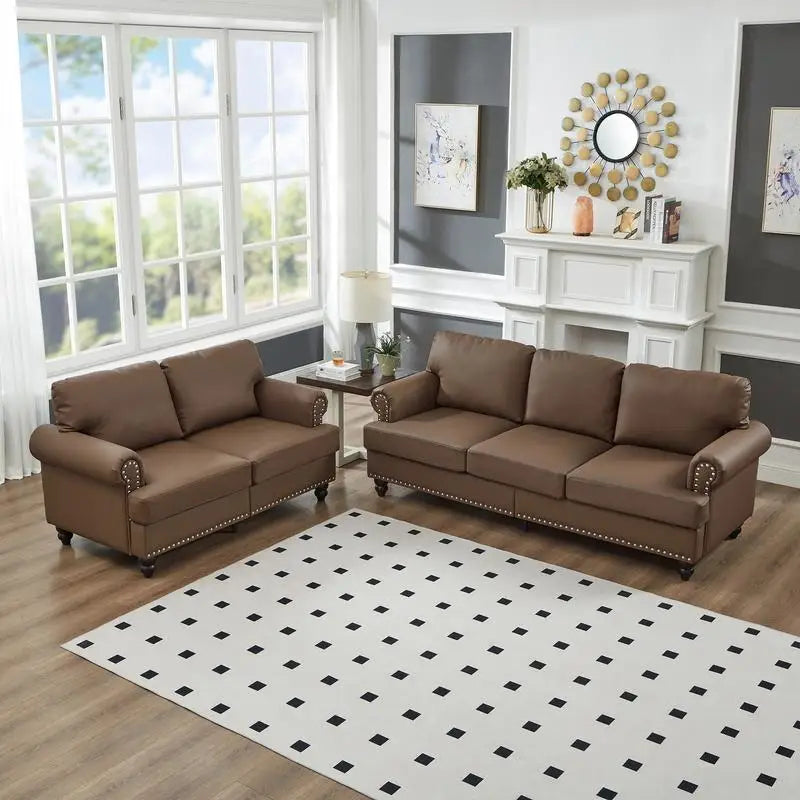 Modern Classic Design 2+3 Seater Loveseat & Sofa Leather Couch, Upholstered Imitation Cowhide Leather in Brown