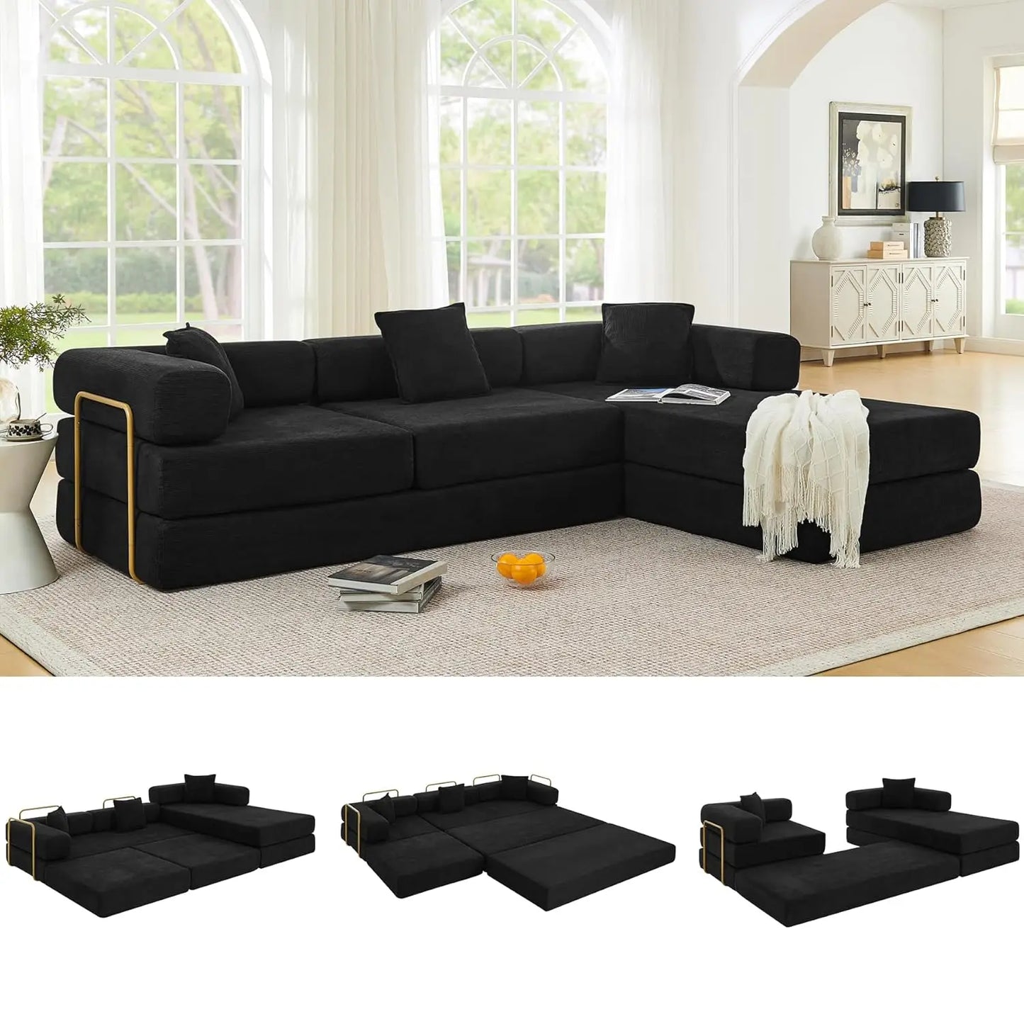 108" Oversize Convertible Sleeper Sectional Sofa Bed Corduroy L Shape Folding Frame Modular Living Room Black, Customized