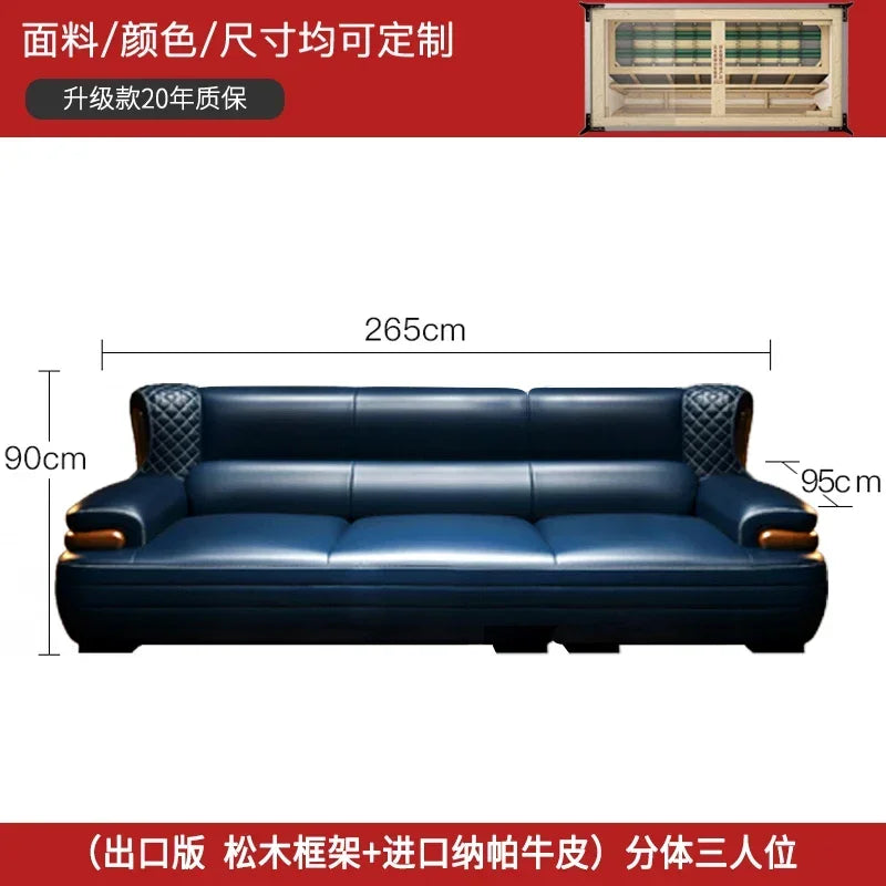 The first layer leather sofa high-grade villa solid wood high-end living room modern simple apartment blue Nordic style custom