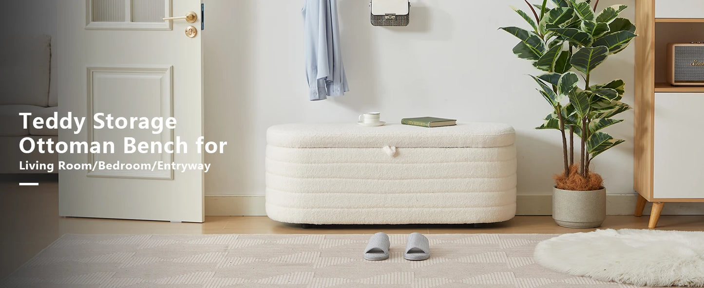 TODRANI 45" Storage Ottoman Bench, 300 Lb Capacity Teddy Upholstered, Safety Hinge, Flip-Top Oval Foot Rest With Foot Pads