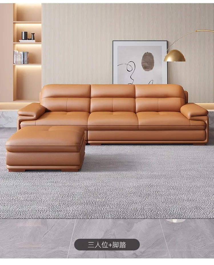 Nordic Italian light luxury leather sofa with a top layer of cowhide, modern and minimalist living room size,  art sofa